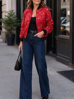 Allison Taylor 100% Silk Red Floral Bomber Jacket – Size 8
